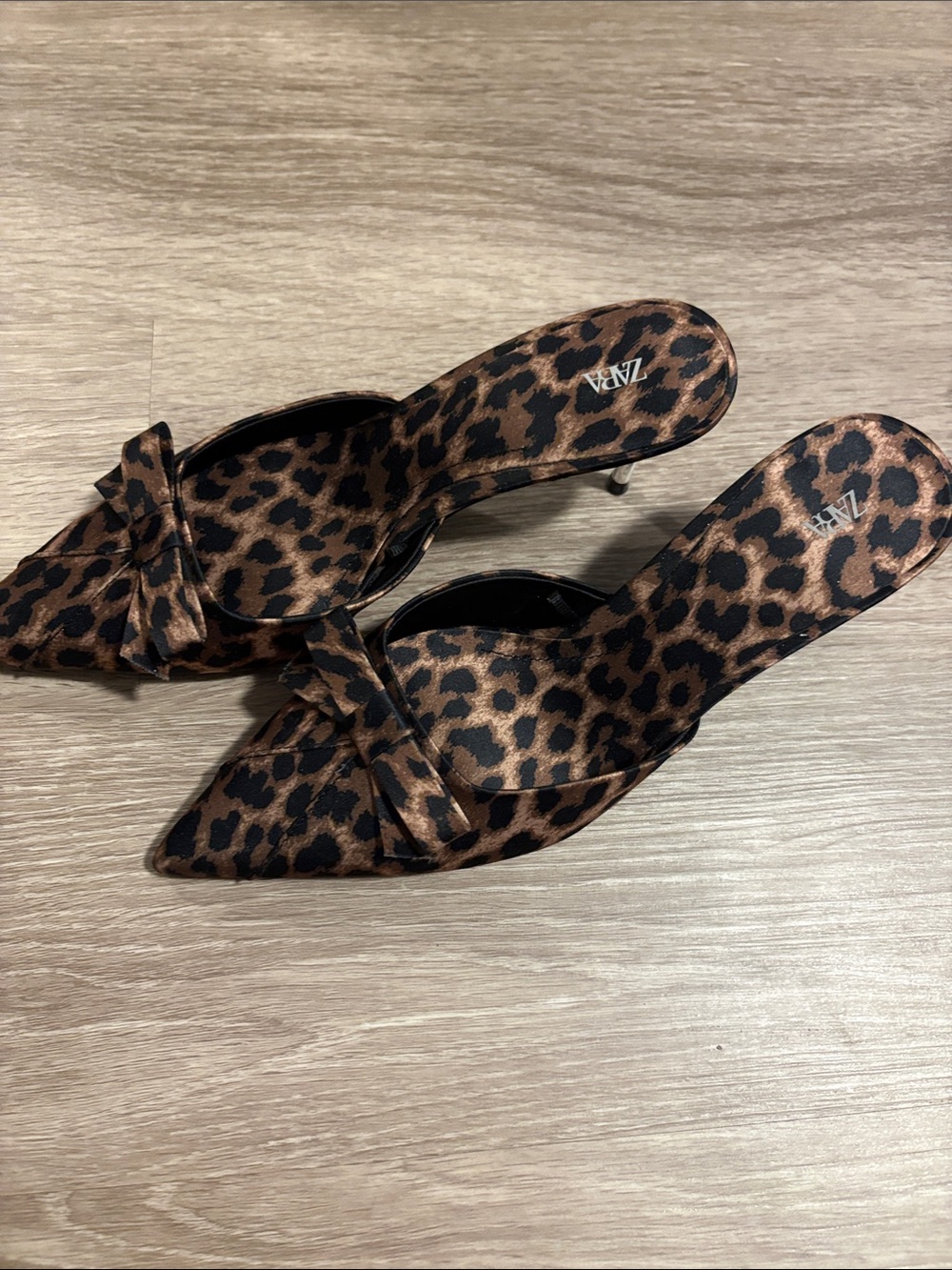 Zara Leopard-Print Pointed Toe Mules in Brown and Black